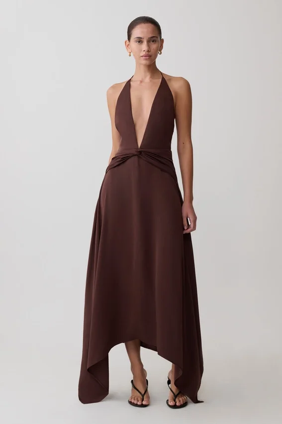 Cyra Plunge Satin Midi Dress – Dark Chocolate Cyra Plunge Satin Midi Dress – Dark Chocolate