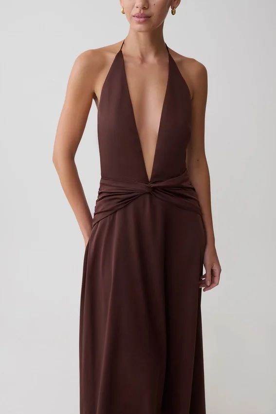 Cyra Plunge Satin Midi Dress – Dark Chocolate Cyra Plunge Satin Midi Dress – Dark Chocolate