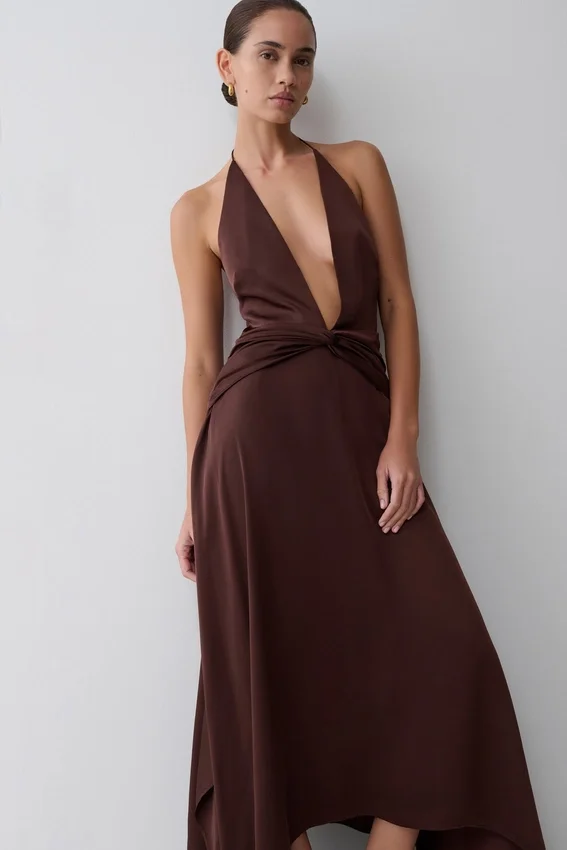 Cyra Plunge Satin Midi Dress – Dark Chocolate Cyra Plunge Satin Midi Dress – Dark Chocolate