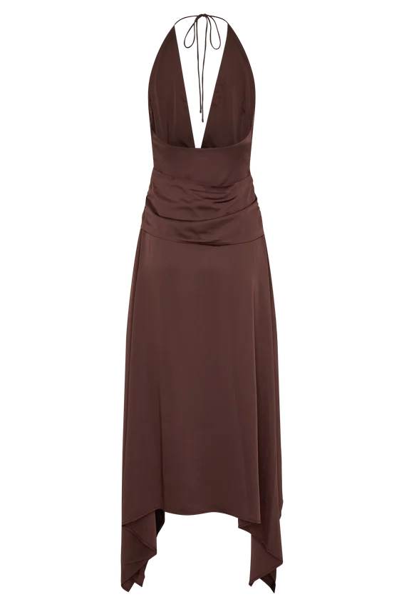 Cyra Plunge Satin Midi Dress – Dark Chocolate Cyra Plunge Satin Midi Dress – Dark Chocolate