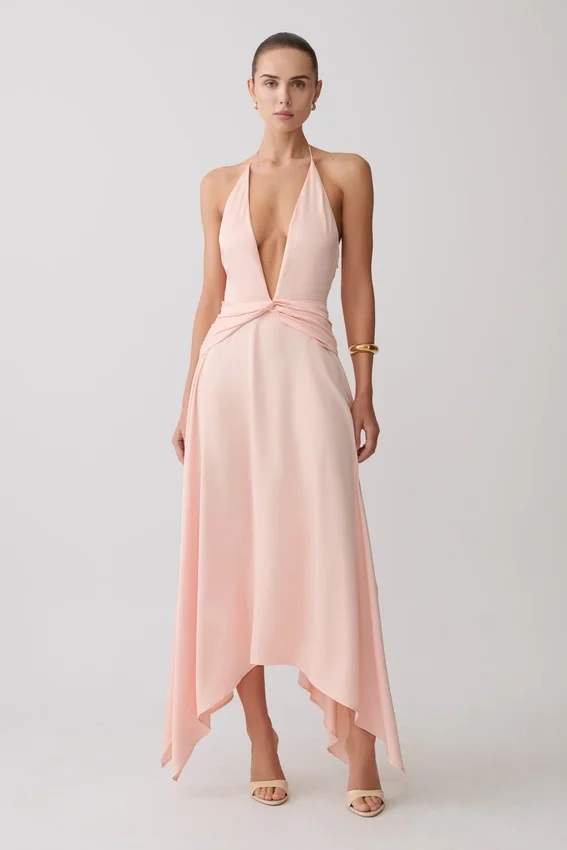 Cyra Plunge Satin Midi Dress – Peach Cyra Plunge Satin Midi Dress – Peach