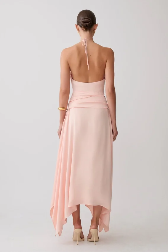 Cyra Plunge Satin Midi Dress – Peach Cyra Plunge Satin Midi Dress – Peach