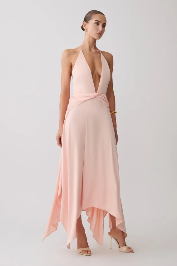 Cyra Plunge Satin Midi Dress – Peach Cyra Plunge Satin Midi Dress – Peach