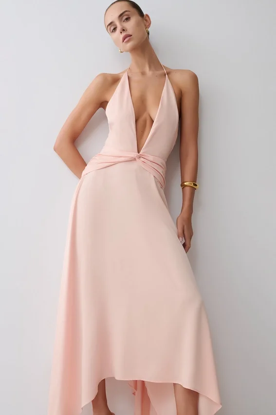 Cyra Plunge Satin Midi Dress – Peach Cyra Plunge Satin Midi Dress – Peach