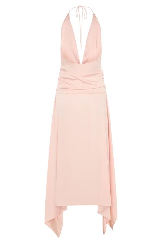 Cyra Plunge Satin Midi Dress – Peach Cyra Plunge Satin Midi Dress – Peach