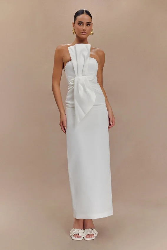 Cyrill Strapless Satin Structured Maxi Dress – White Cyrill Strapless Satin Structured Maxi Dress – White