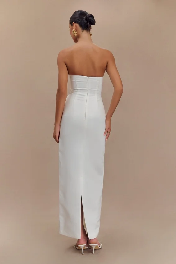 Cyrill Strapless Satin Structured Maxi Dress – White Cyrill Strapless Satin Structured Maxi Dress – White