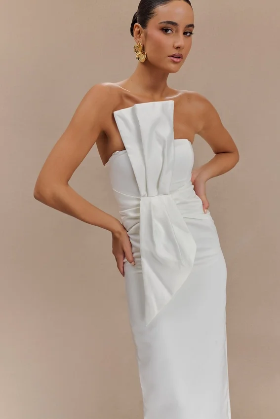 Cyrill Strapless Satin Structured Maxi Dress – White Cyrill Strapless Satin Structured Maxi Dress – White