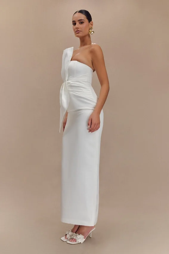Cyrill Strapless Satin Structured Maxi Dress – White Cyrill Strapless Satin Structured Maxi Dress – White