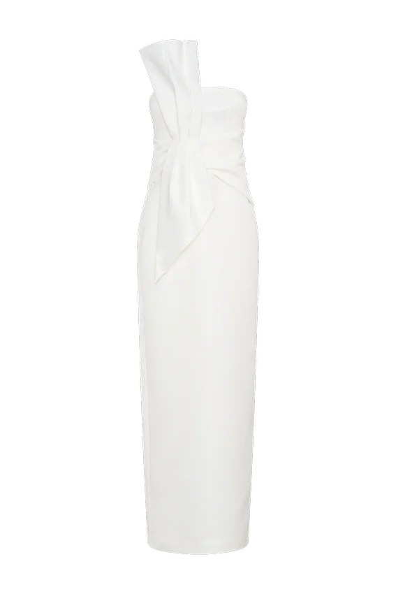 Cyrill Strapless Satin Structured Maxi Dress – White Cyrill Strapless Satin Structured Maxi Dress – White
