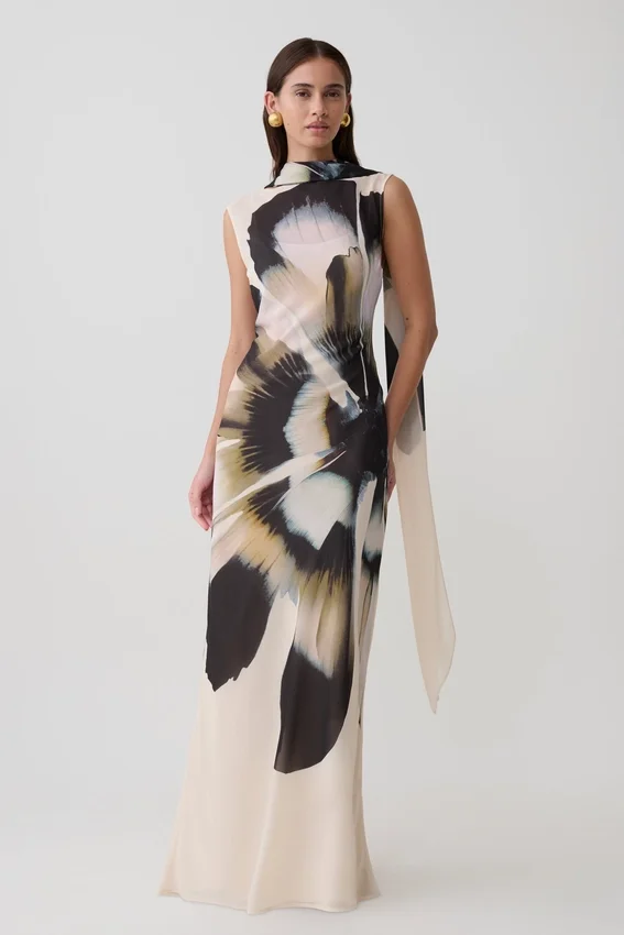 Dakota Chiffon Maxi Dress With Scarf – Ivory Oversized Floral Print Dakota Chiffon Maxi Dress With Scarf – Ivory Oversized Floral Print