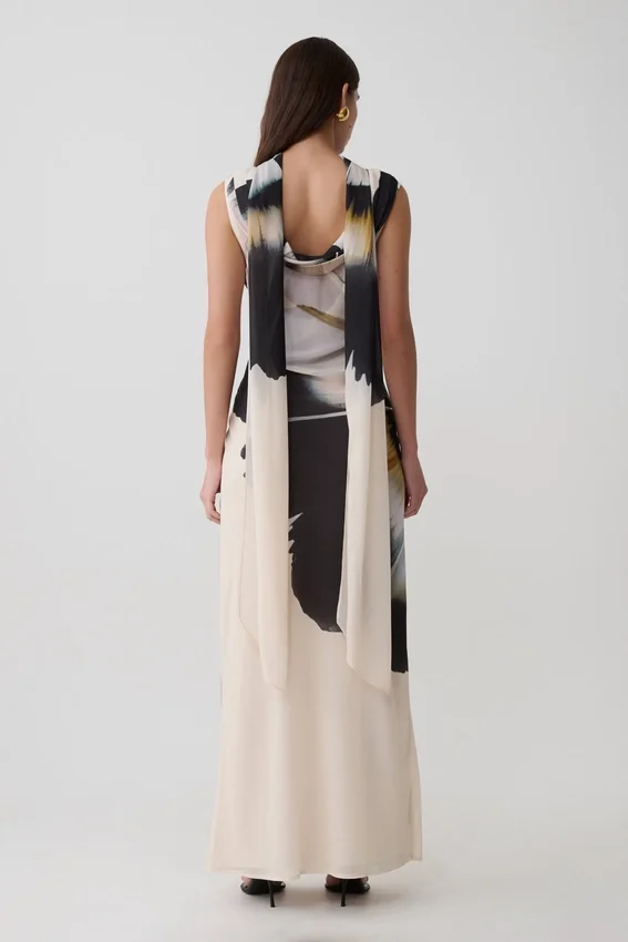 Dakota Chiffon Maxi Dress With Scarf – Ivory Oversized Floral Print Dakota Chiffon Maxi Dress With Scarf – Ivory Oversized Floral Print