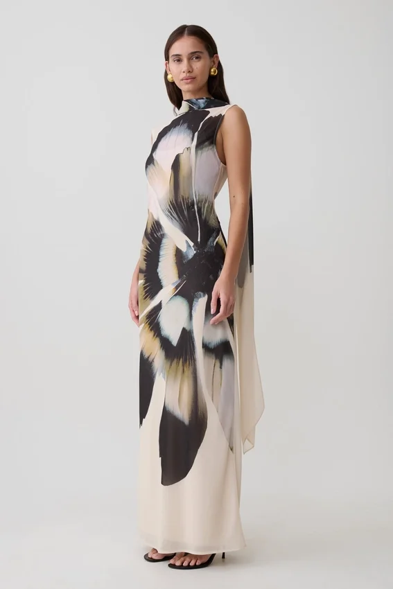 Dakota Chiffon Maxi Dress With Scarf – Ivory Oversized Floral Print Dakota Chiffon Maxi Dress With Scarf – Ivory Oversized Floral Print
