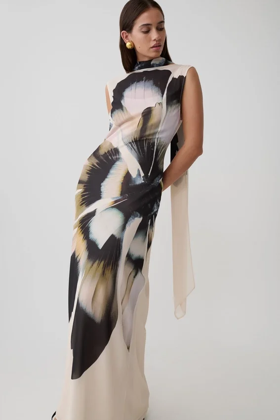 Dakota Chiffon Maxi Dress With Scarf – Ivory Oversized Floral Print Dakota Chiffon Maxi Dress With Scarf – Ivory Oversized Floral Print
