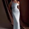 Dalia Off Shoulder Satin Maxi Dress – Frosted Blue Dalia Off Shoulder Satin Maxi Dress – Frosted Blue