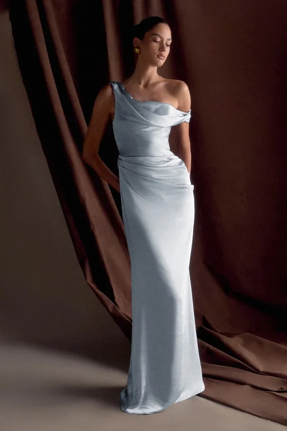 Dalia Off Shoulder Satin Maxi Dress – Frosted Blue Dalia Off Shoulder Satin Maxi Dress – Frosted Blue
