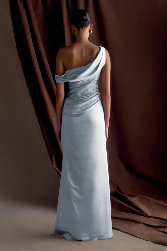 Dalia Off Shoulder Satin Maxi Dress – Frosted Blue Dalia Off Shoulder Satin Maxi Dress – Frosted Blue