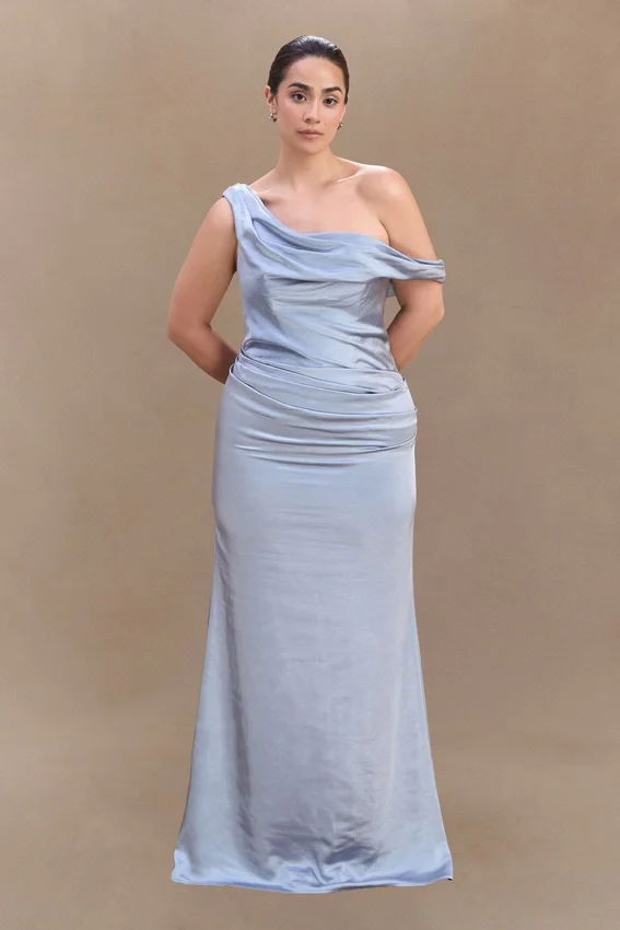 Dalia Off Shoulder Satin Maxi Dress – Frosted Blue Dalia Off Shoulder Satin Maxi Dress – Frosted Blue