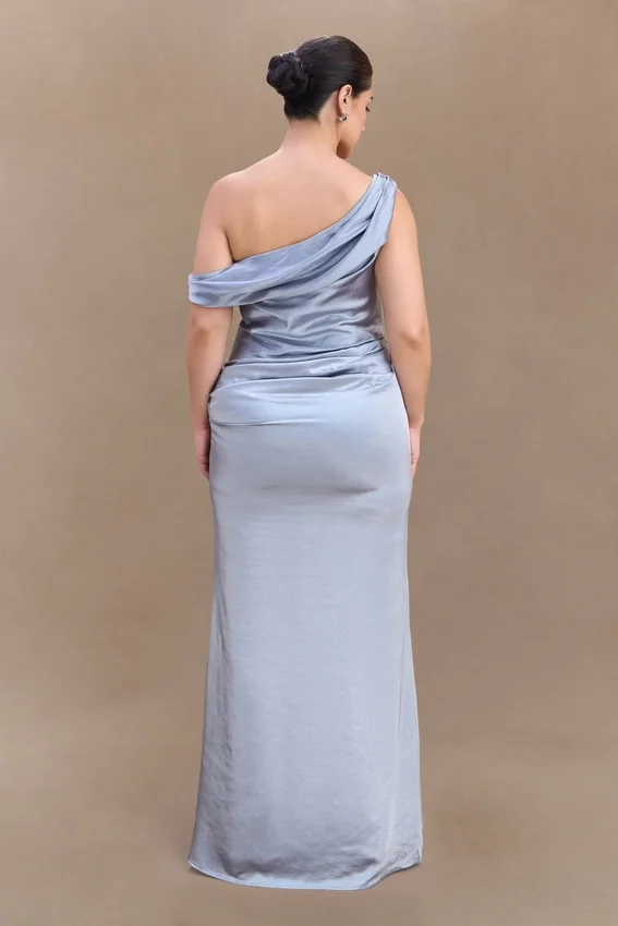 Dalia Off Shoulder Satin Maxi Dress – Frosted Blue Dalia Off Shoulder Satin Maxi Dress – Frosted Blue