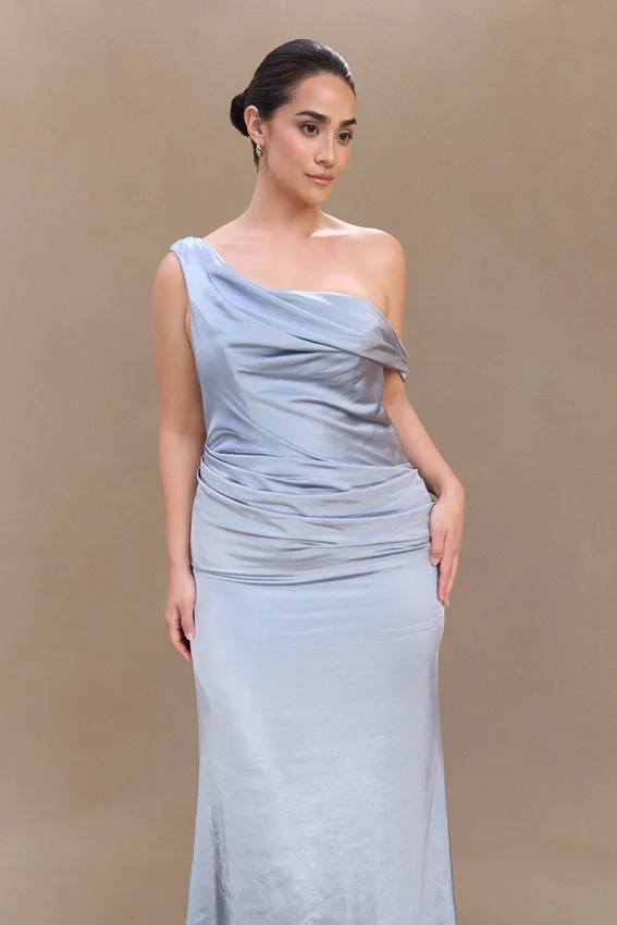 Dalia Off Shoulder Satin Maxi Dress – Frosted Blue Dalia Off Shoulder Satin Maxi Dress – Frosted Blue