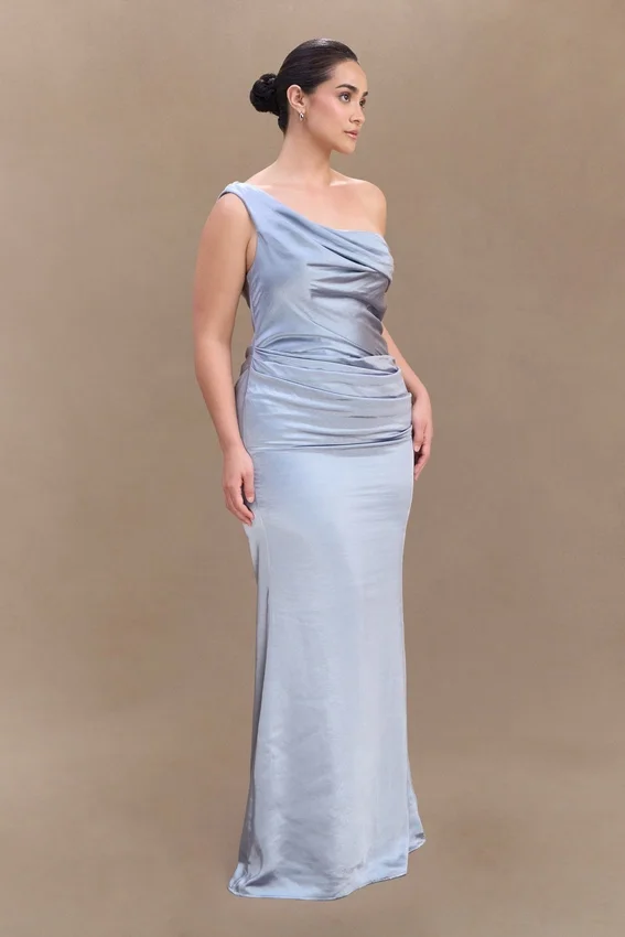 Dalia Off Shoulder Satin Maxi Dress – Frosted Blue Dalia Off Shoulder Satin Maxi Dress – Frosted Blue