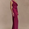 Dalia Off Shoulder Satin Maxi Dress – Mahogany