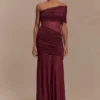 Dallas One Shoulder Mesh Maxi Dress – Burgundy