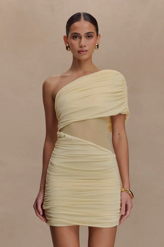 Dallas One Shoulder Mesh Mini Dress – Lemon Dallas One Shoulder Mesh Mini Dress – Lemon