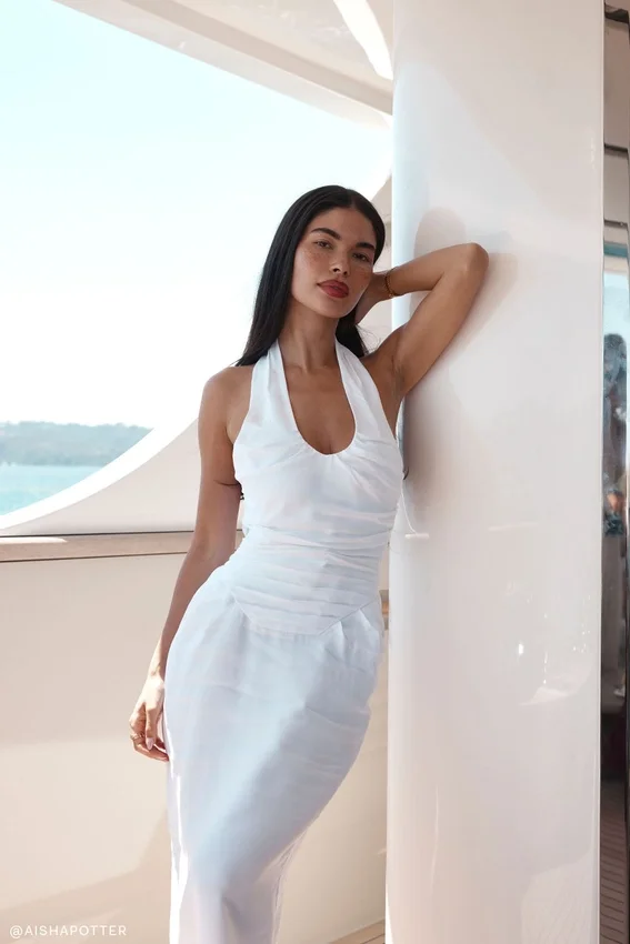 Daniela Ruched Halter Midi Dress – White Daniela Ruched Halter Midi Dress – White