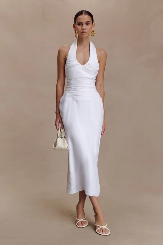 Daniela Ruched Halter Midi Dress – White Daniela Ruched Halter Midi Dress – White