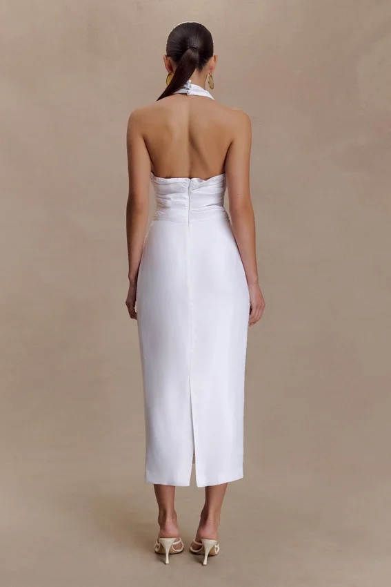 Daniela Ruched Halter Midi Dress – White Daniela Ruched Halter Midi Dress – White
