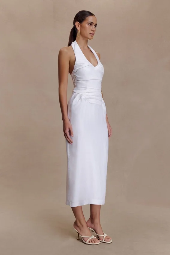 Daniela Ruched Halter Midi Dress – White Daniela Ruched Halter Midi Dress – White