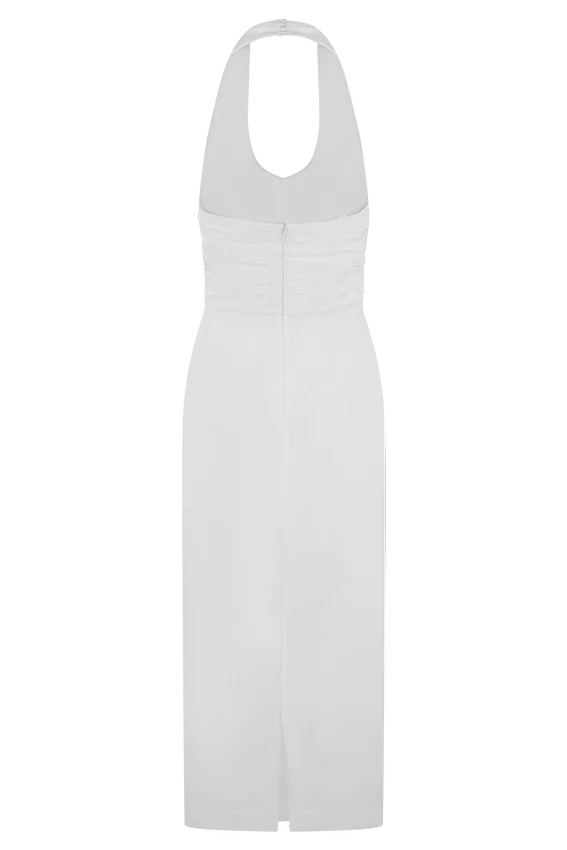 Daniela Ruched Halter Midi Dress – White Daniela Ruched Halter Midi Dress – White