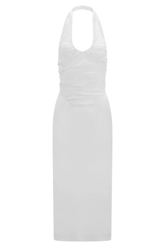 Daniela Ruched Halter Midi Dress – White Daniela Ruched Halter Midi Dress – White