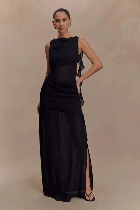 Daria Draped Chiffon Maxi Dress – Black Daria Draped Chiffon Maxi Dress – Black