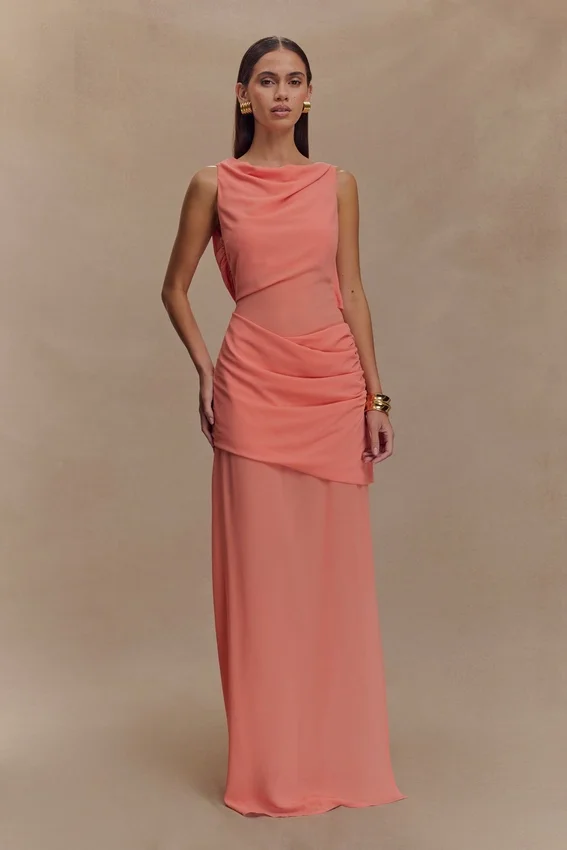 Daria Draped Chiffon Maxi Dress – Pastel Nectarine Daria Draped Chiffon Maxi Dress – Pastel Nectarine