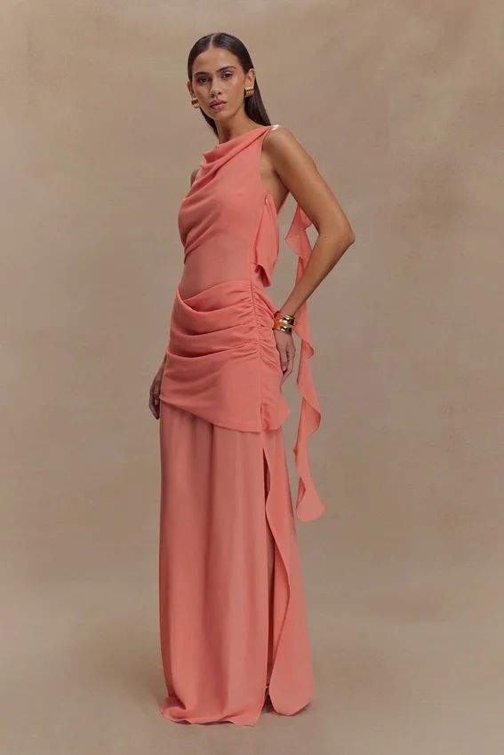 Daria Draped Chiffon Maxi Dress – Pastel Nectarine Daria Draped Chiffon Maxi Dress – Pastel Nectarine
