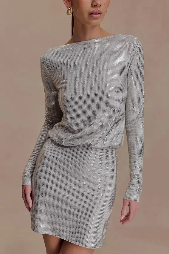 Darius Diamante Cowl Mini Dress – Silver Darius Diamante Cowl Mini Dress – Silver