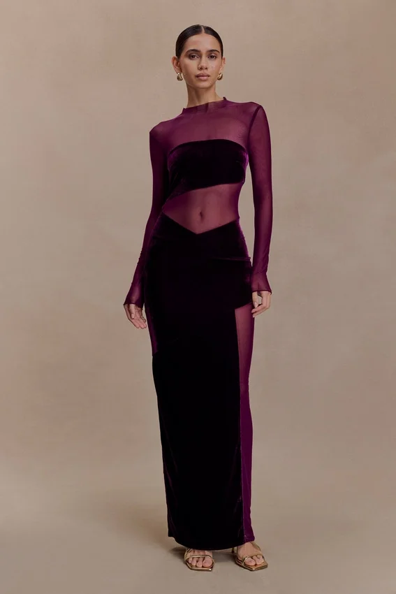 Davina Velvet And Mesh Maxi Dress – Purple Davina Velvet And Mesh Maxi Dress – Purple