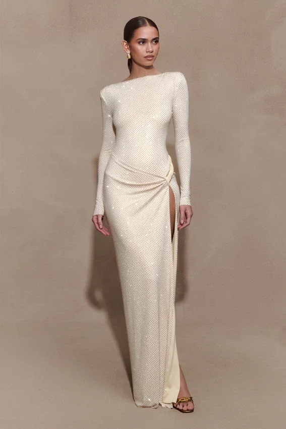 Deanna Long Sleeve Diamante Maxi Dress – Gold Deanna Long Sleeve Diamante Maxi Dress – Gold