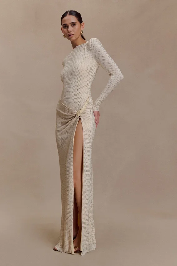 Deanna Long Sleeve Diamante Maxi Dress – Gold Deanna Long Sleeve Diamante Maxi Dress – Gold
