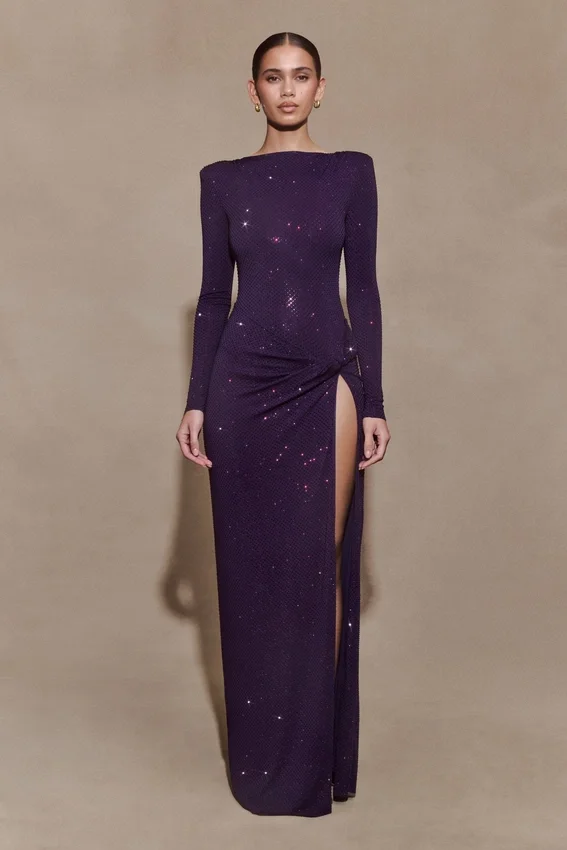 Deanna Long Sleeve Diamante Maxi Dress – Purple Deanna Long Sleeve Diamante Maxi Dress – Purple