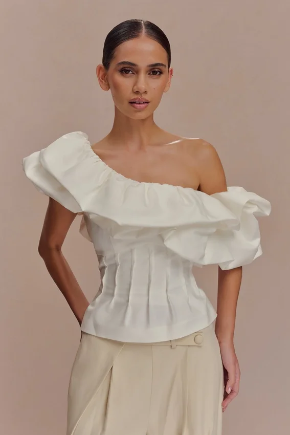Debbie One Shoulder Bubble Top – White Debbie One Shoulder Bubble Top – White