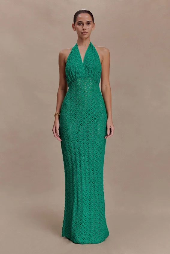 Deeliah Halterneck Crochet Maxi Dress – Emerald Deeliah Halterneck Crochet Maxi Dress – Emerald