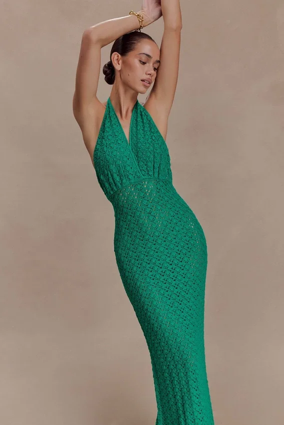 Deeliah Halterneck Crochet Maxi Dress – Emerald Deeliah Halterneck Crochet Maxi Dress – Emerald