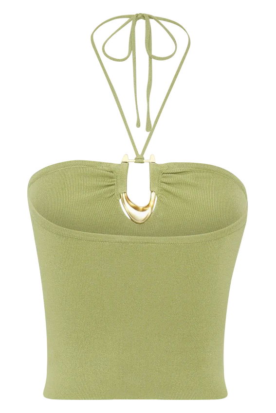 Dimitri Knit Halter Top With Hardware – Light Olive Dimitri Knit Halter Top With Hardware – Light Olive