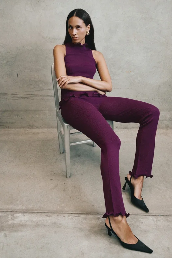 Diya Ribbed High Waisted Pants With Wire Hem – Plum Diya Ribbed High Waisted Pants With Wire Hem – Plum