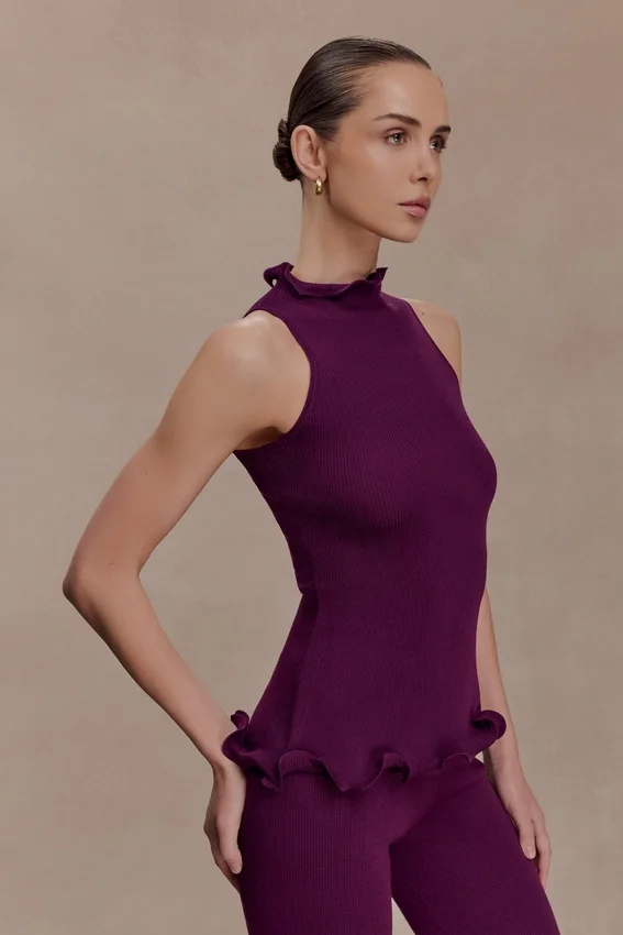 Diya Ribbed Sleeveless Top With Wire Hem – Plum Diya Ribbed Sleeveless Top With Wire Hem – Plum