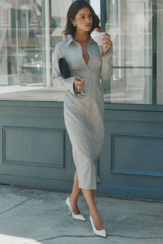 Dorian Fitted Shirt Midi Dress – Charcoal Marle Dorian Fitted Shirt Midi Dress – Charcoal Marle