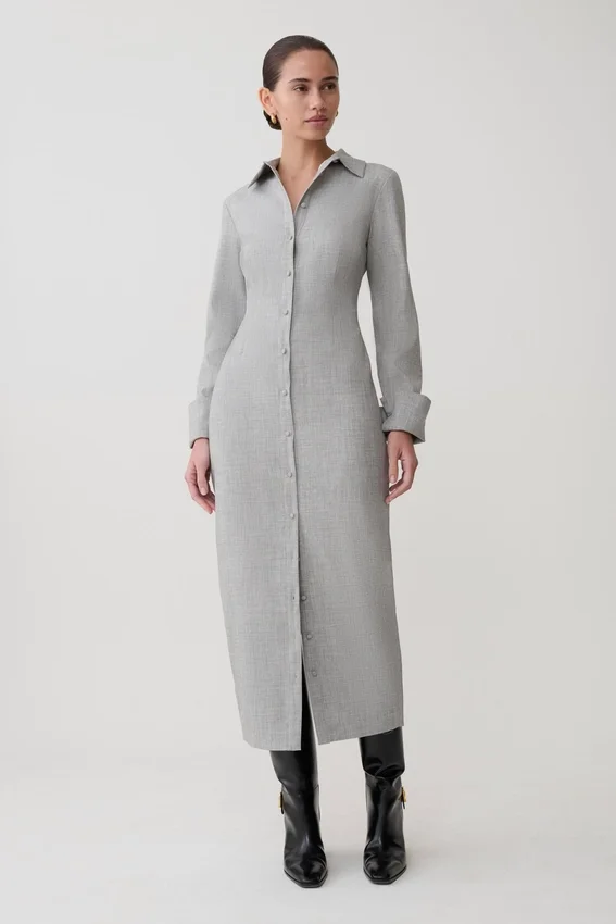 Dorian Fitted Shirt Midi Dress – Charcoal Marle Dorian Fitted Shirt Midi Dress – Charcoal Marle